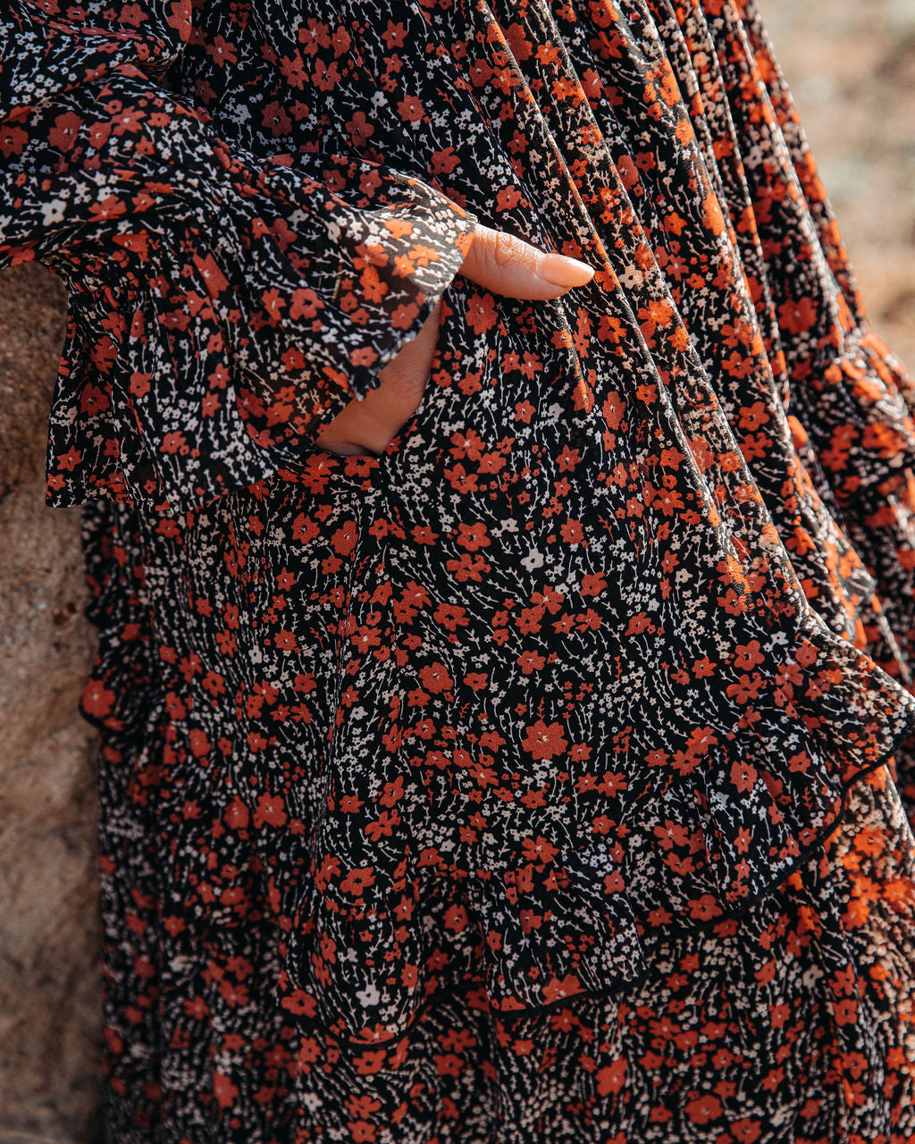 Ditsy Floral V-Neck Long Sleeve Tiered Maxi Dress