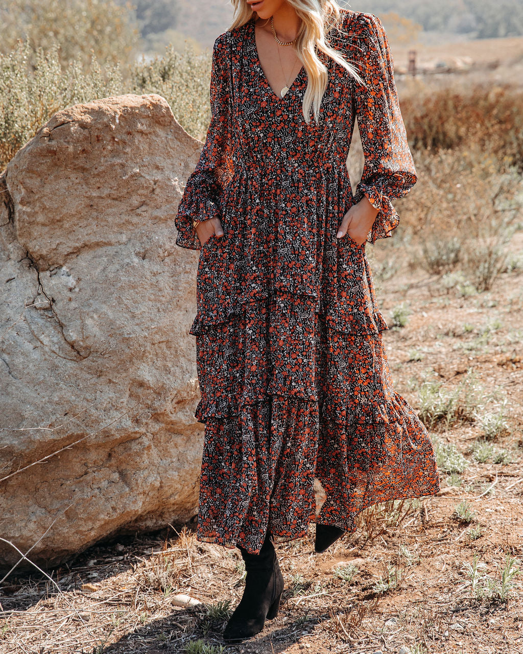 Ditsy Floral V-Neck Long Sleeve Tiered Maxi Dress