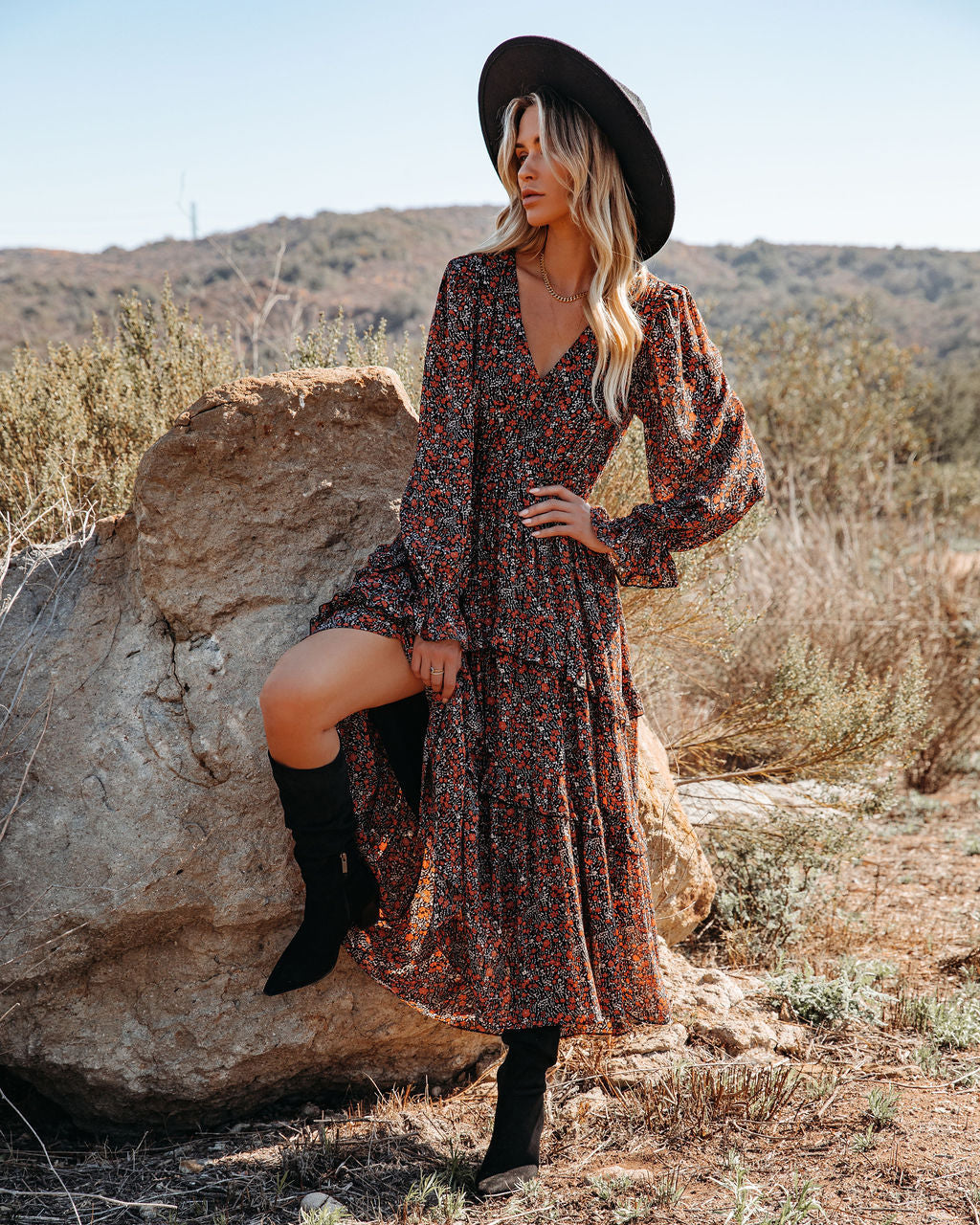 Ditsy Floral V-Neck Long Sleeve Tiered Maxi Dress