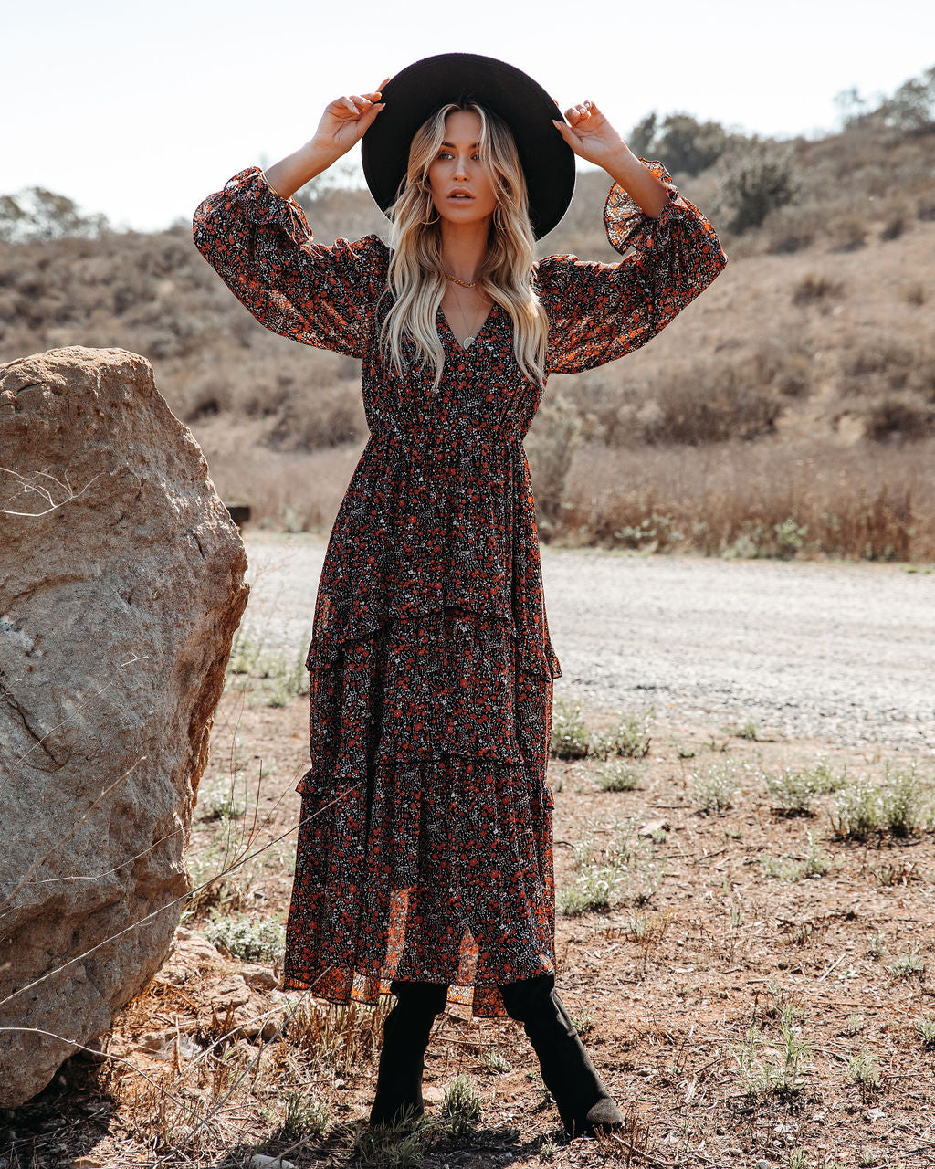 Ditsy Floral V-Neck Long Sleeve Tiered Maxi Dress