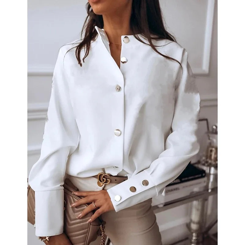 White and Black Long Sleeve Casual Blouse