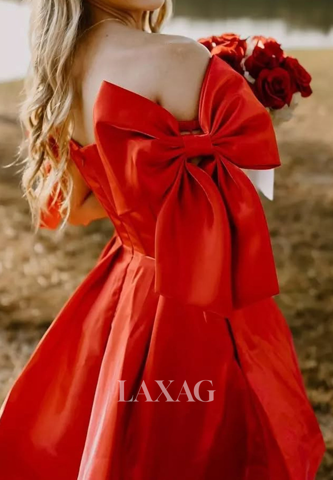 Sweetheart Off-Shoulder Sleeveless Satin A-Line Party Homecoming Dress with Bows