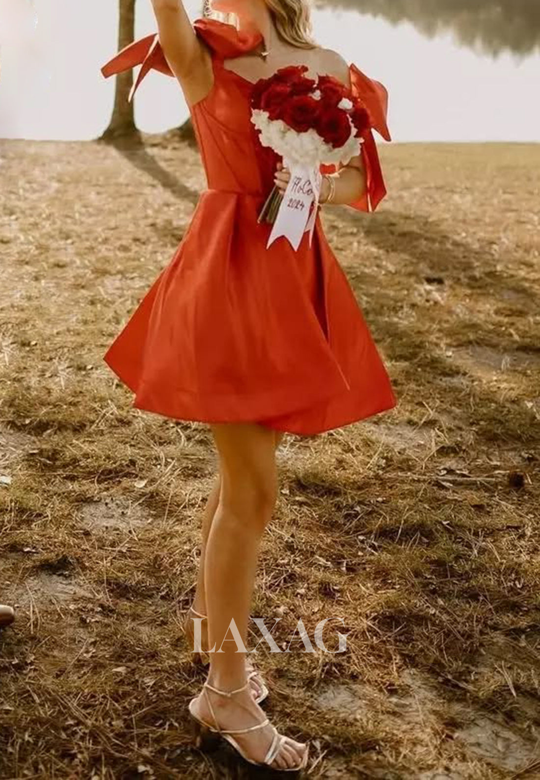 Sweetheart Off-Shoulder Sleeveless Satin A-Line Party Homecoming Dress with Bows