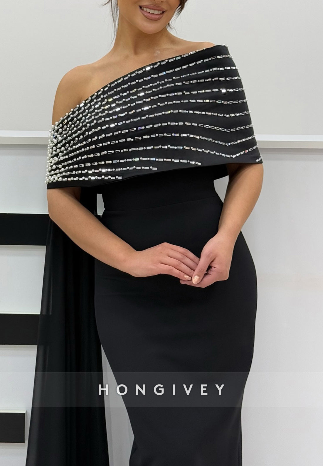 Evening Gown Sheath Floor-Length One Shoulder Satin Appliqued Evening Gown