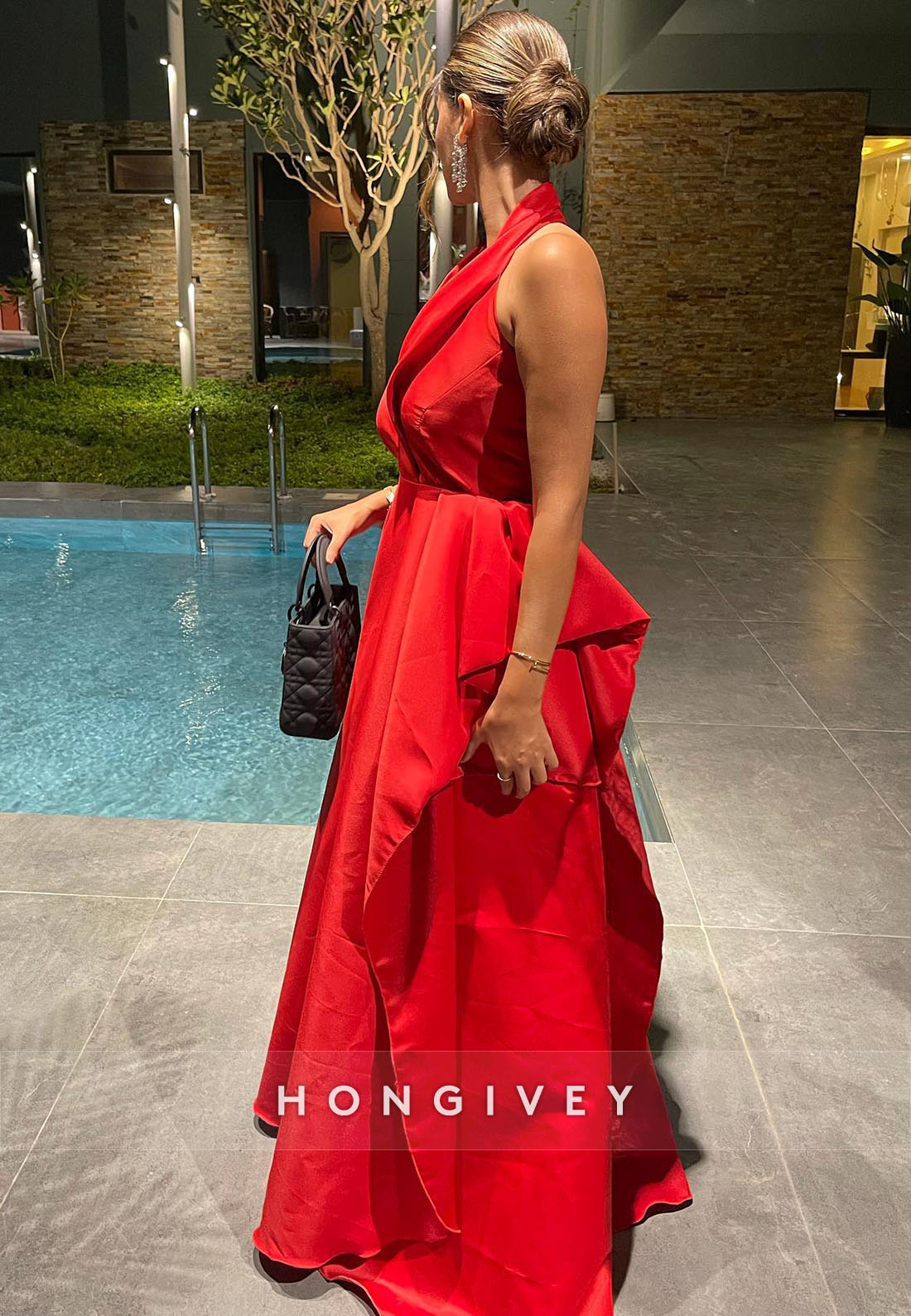 Red V Neck Halter Off the Shoulder Floor-Length Evening Gown