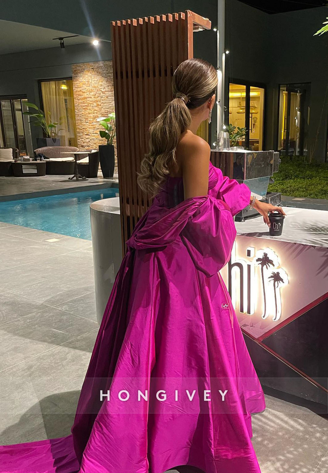 Fuchsia Puff Sleeve Evening Gown Off the Shoulder Pleated Formal Dresses