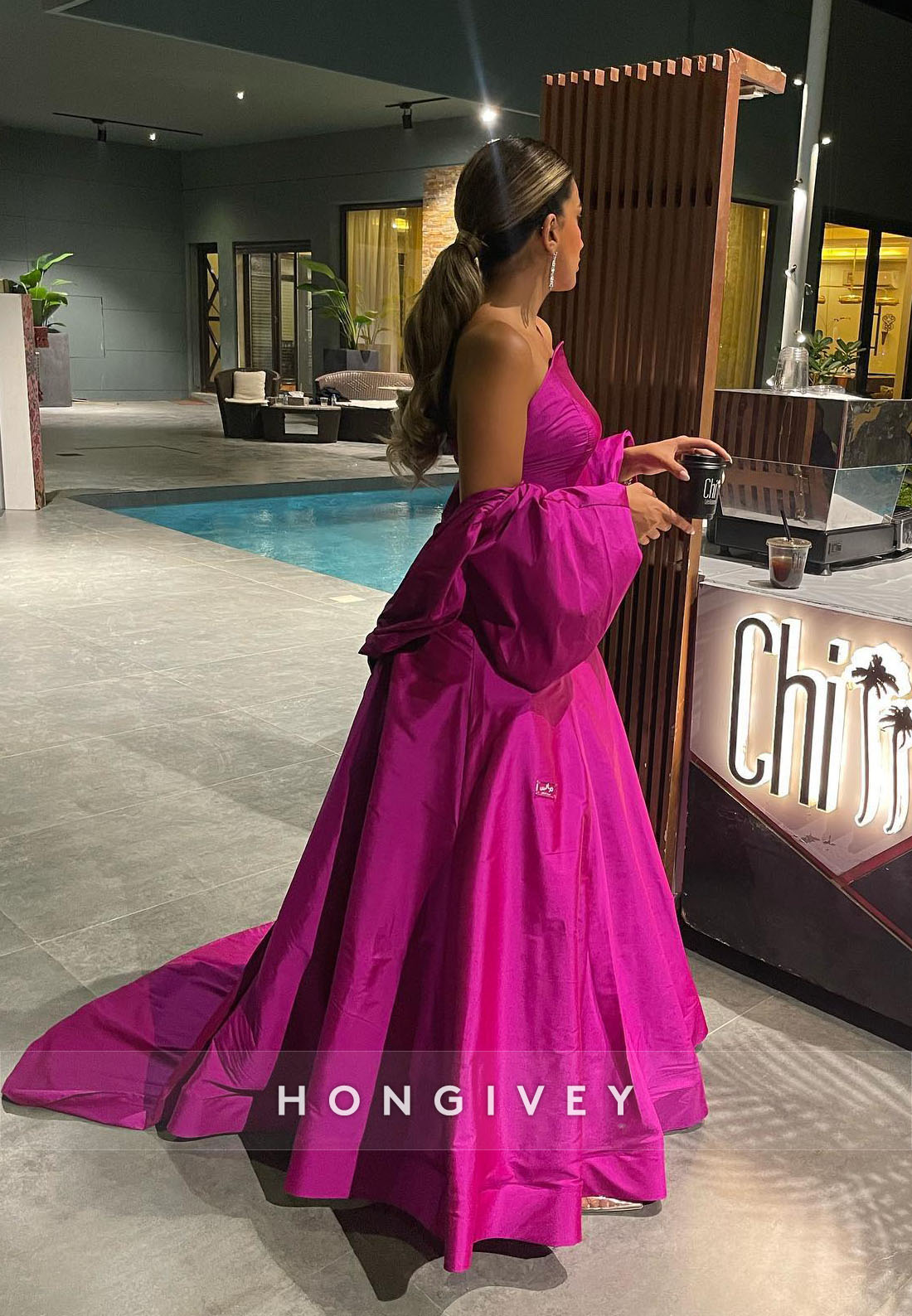 Fuchsia Puff Sleeve Evening Gown Off the Shoulder Pleated Formal Dresses