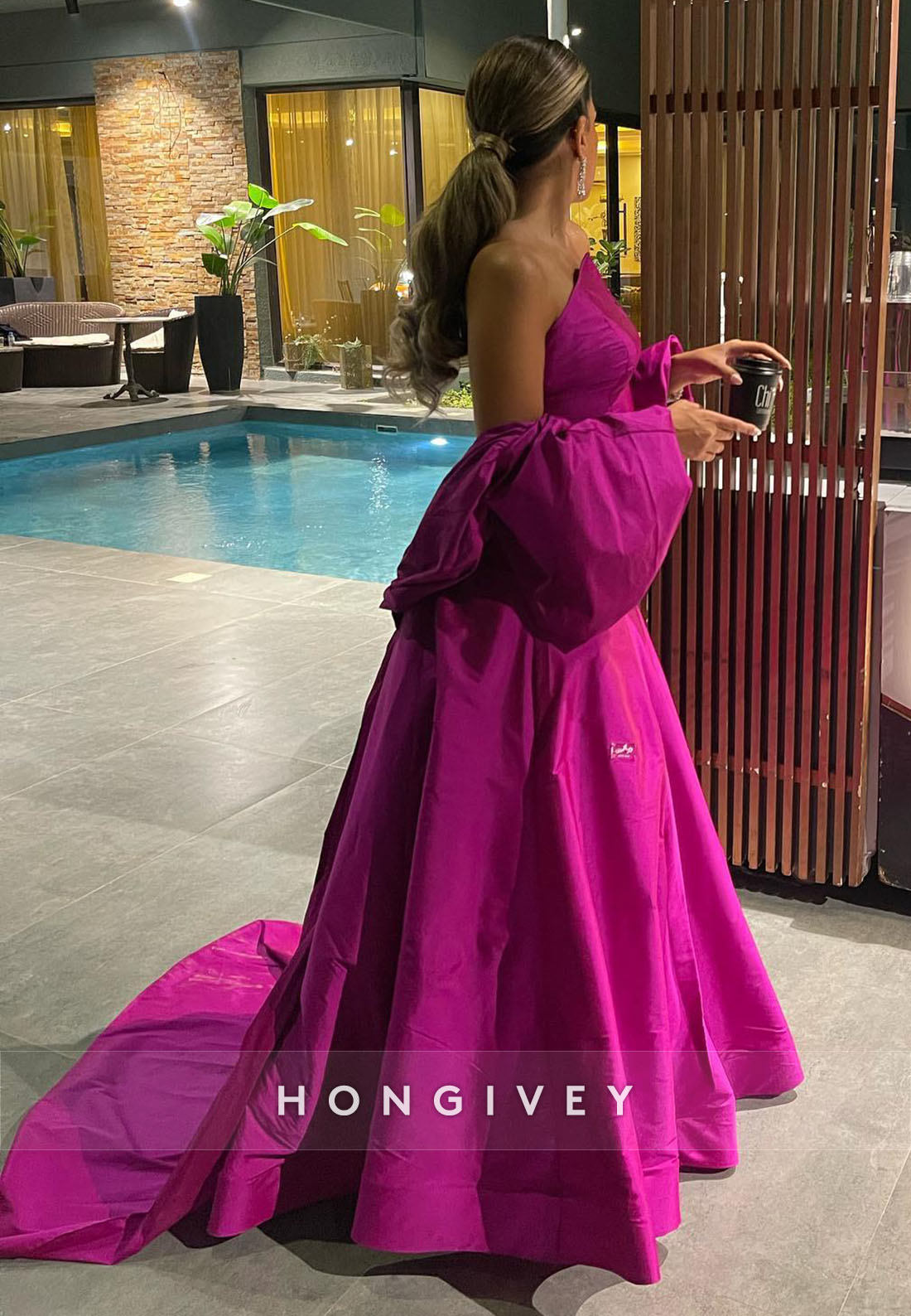 Fuchsia Puff Sleeve Evening Gown Off the Shoulder Pleated Formal Dresses