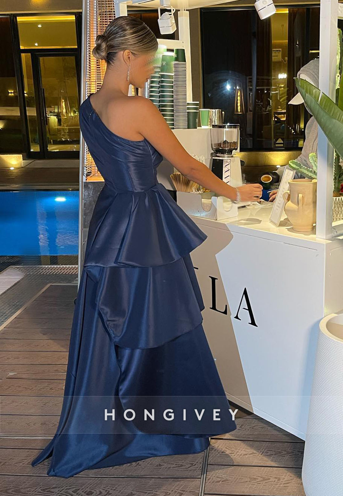One Shoulder Floor-Length Satin Pleated Princess Evening Gown