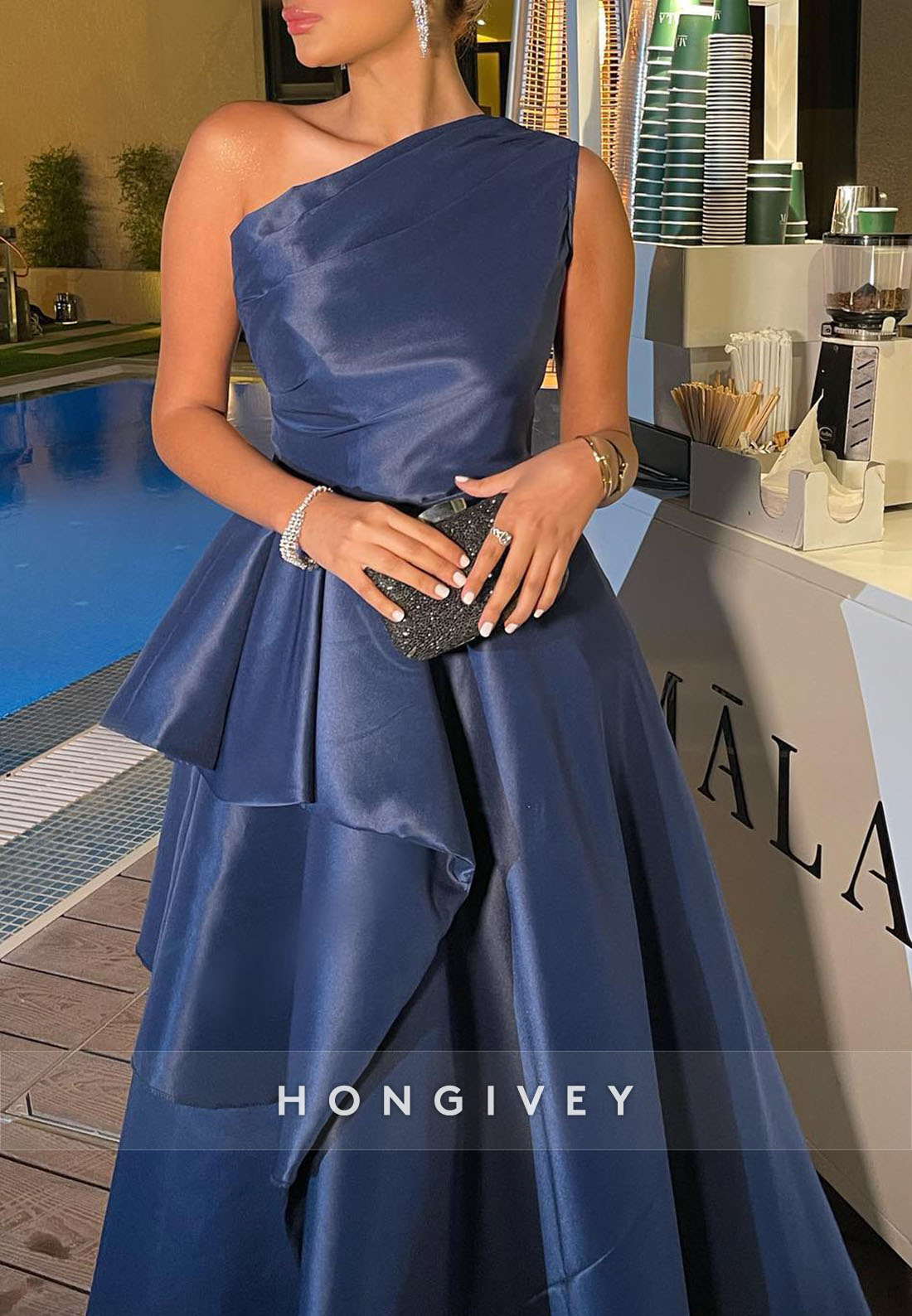 One Shoulder Floor-Length Satin Pleated Princess Evening Gown