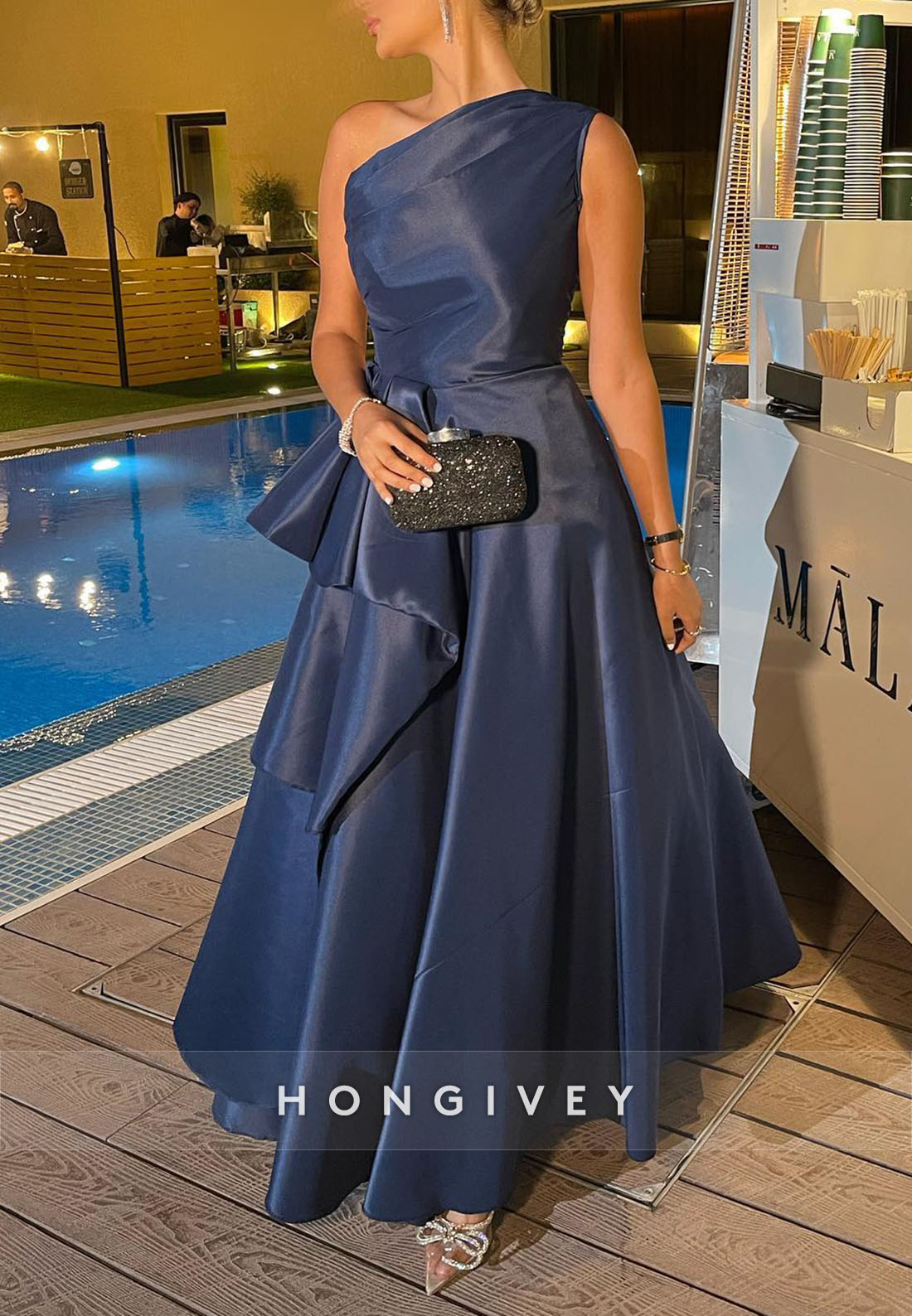 One Shoulder Floor-Length Satin Pleated Princess Evening Gown