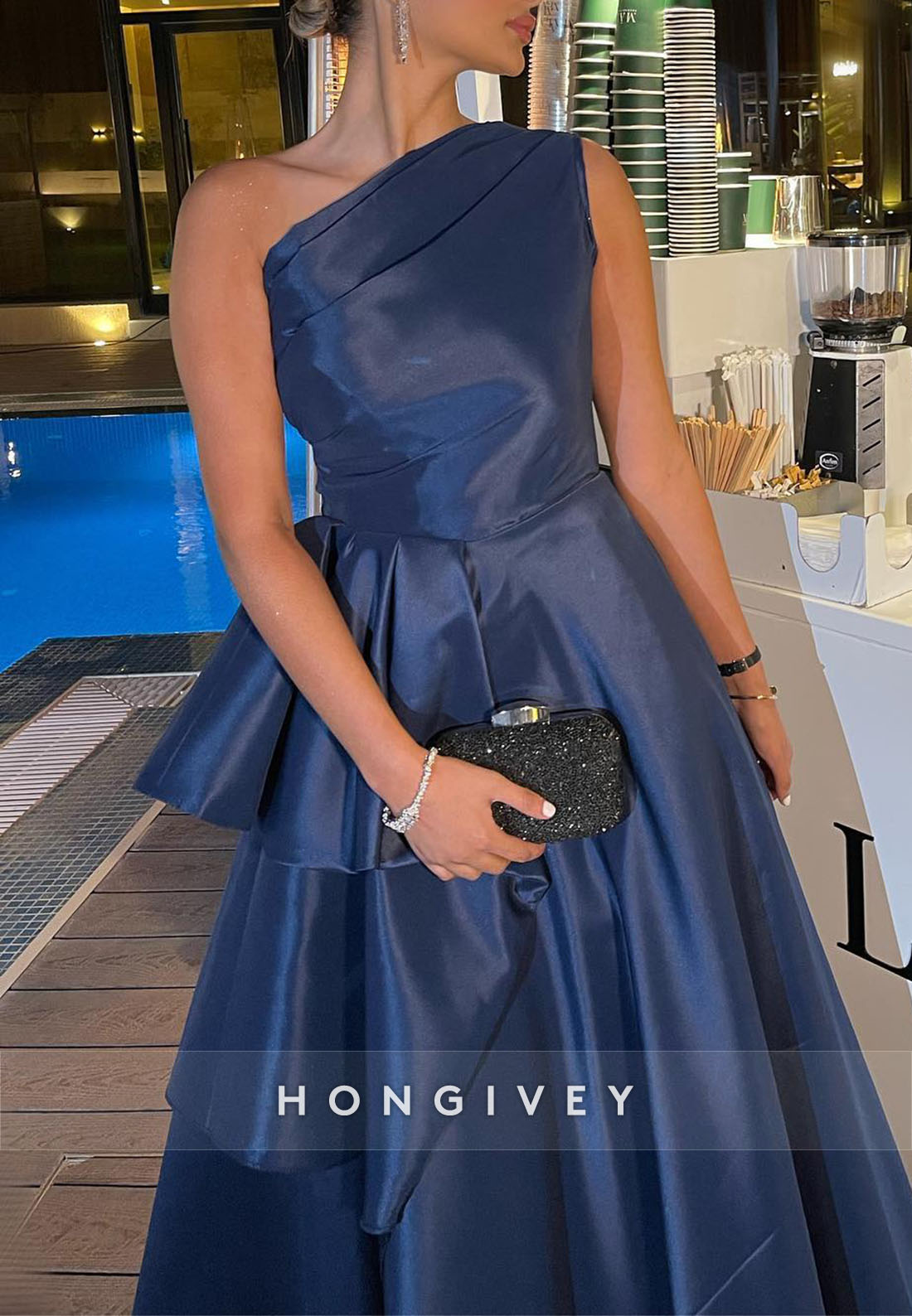 One Shoulder Floor-Length Satin Pleated Princess Evening Gown