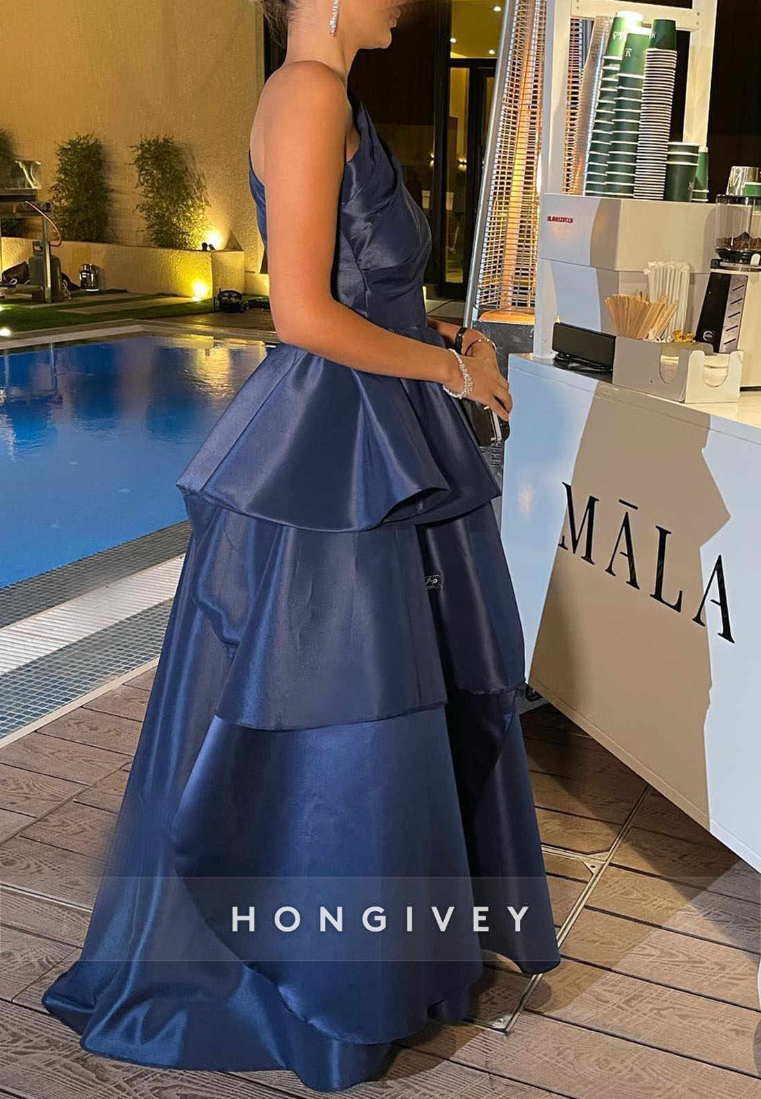 One Shoulder Floor-Length Satin Pleated Princess Evening Gown