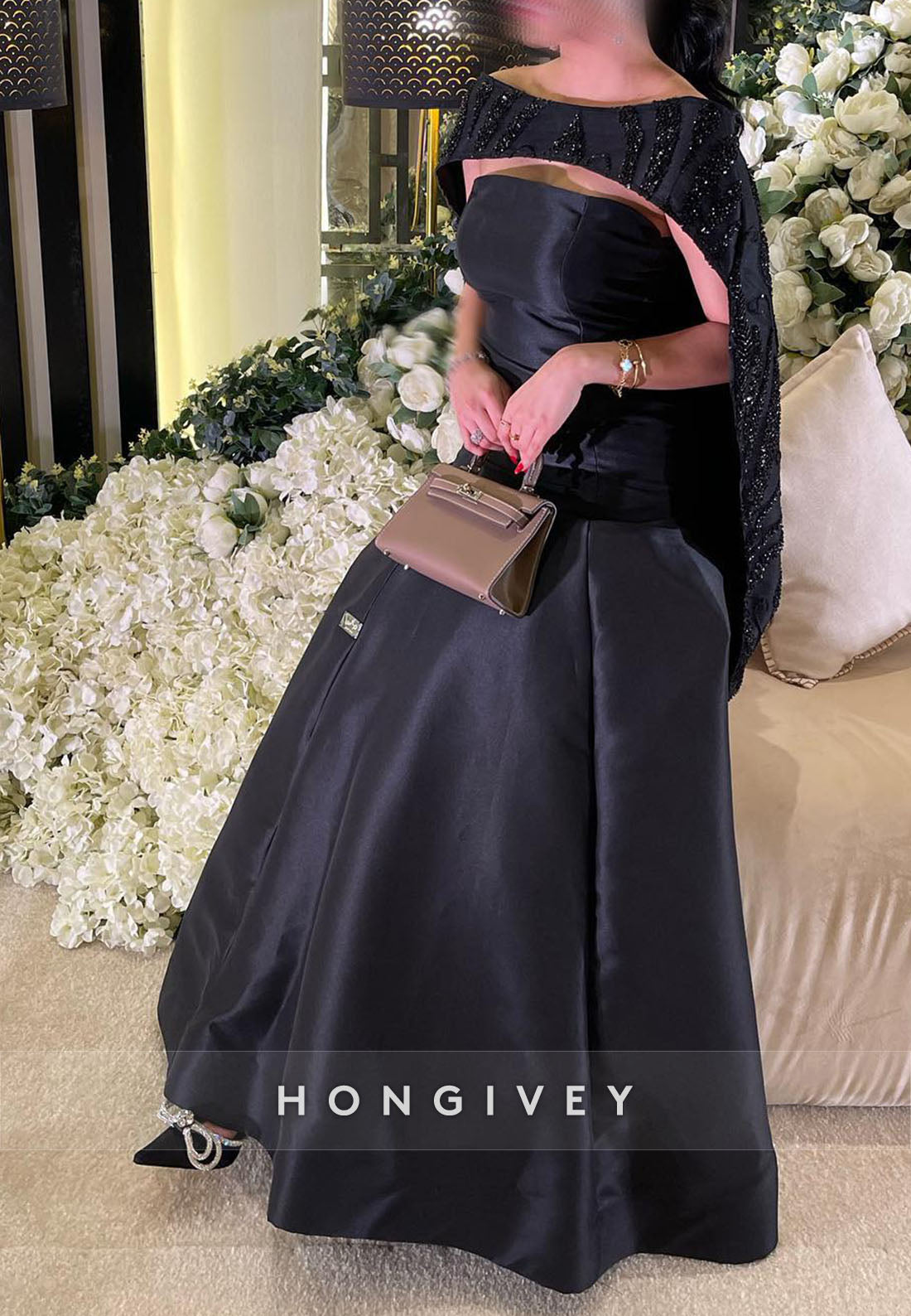 Satin Pleated Floor-Length Formal Dresses Cape Trumpet Evening Gown