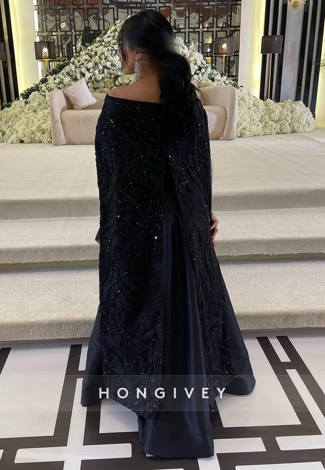 Satin Pleated Floor-Length Formal Dresses Cape Trumpet Evening Gown