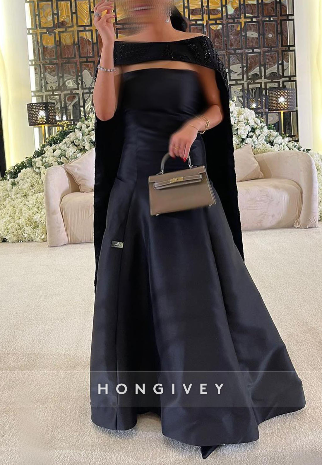 Satin Pleated Floor-Length Formal Dresses Cape Trumpet Evening Gown