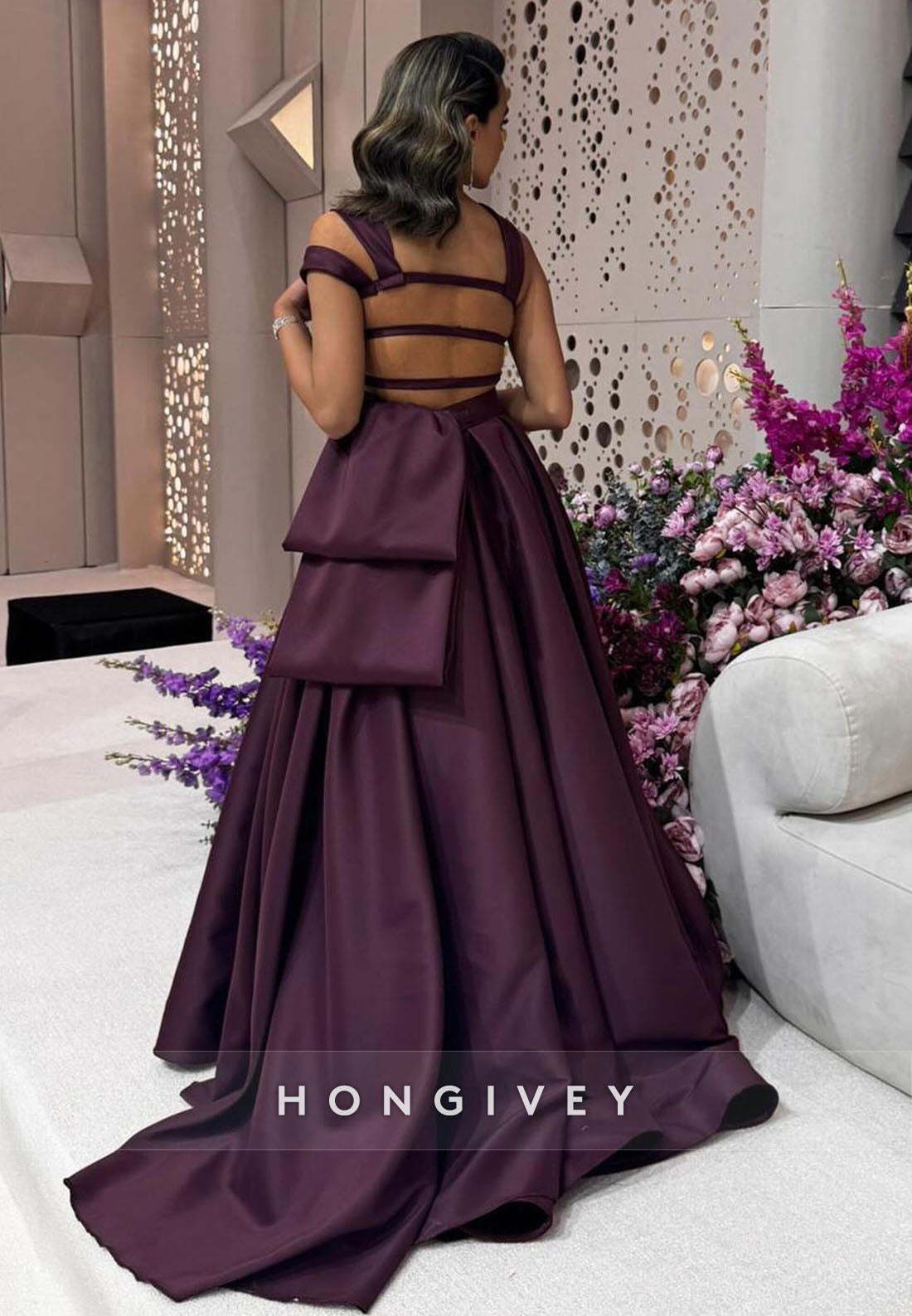 Court Train Asymmetrical Neck Evening Gown Pleated Ladder Back Formal Dresses