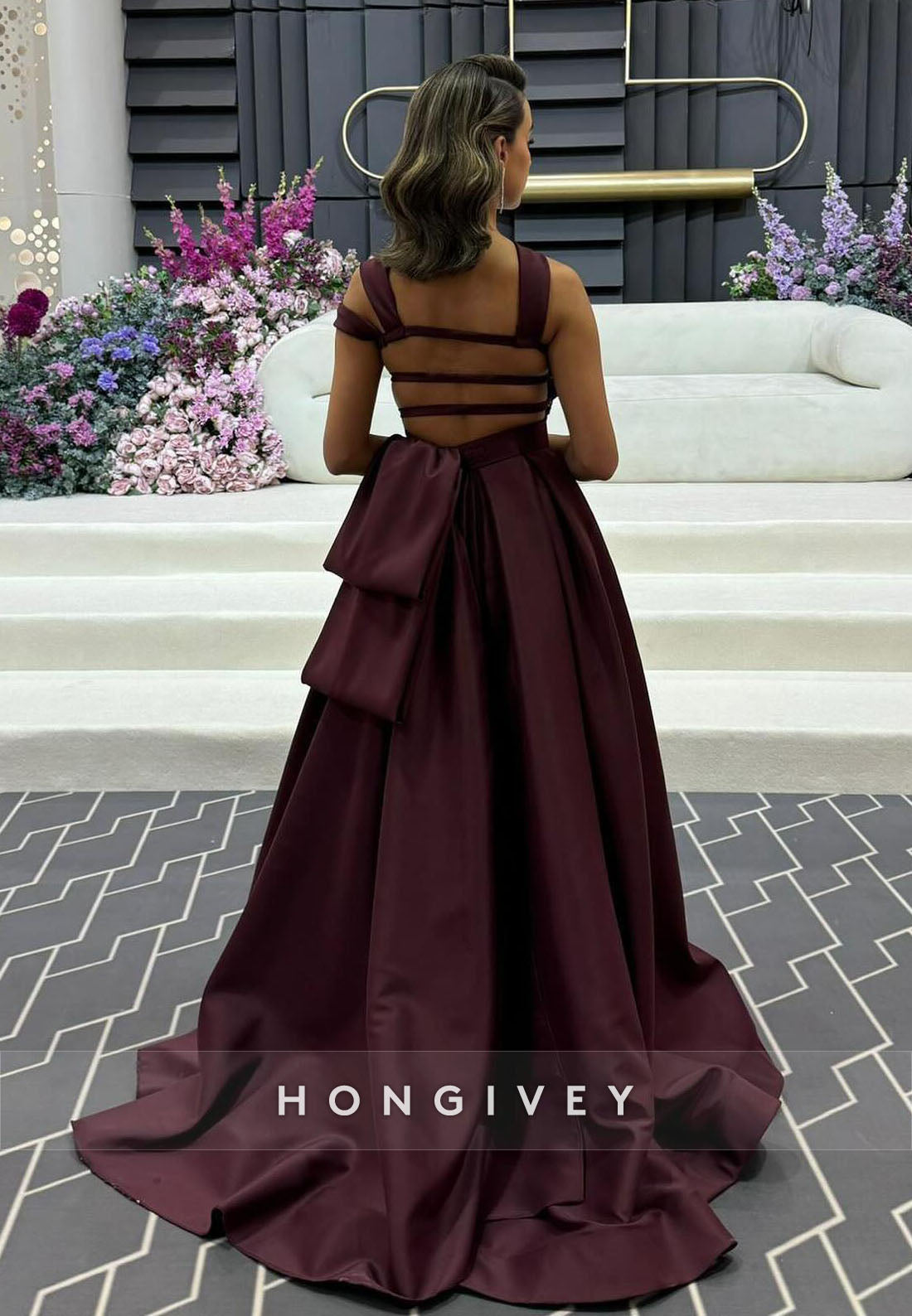 Court Train Asymmetrical Neck Evening Gown Pleated Ladder Back Formal Dresses