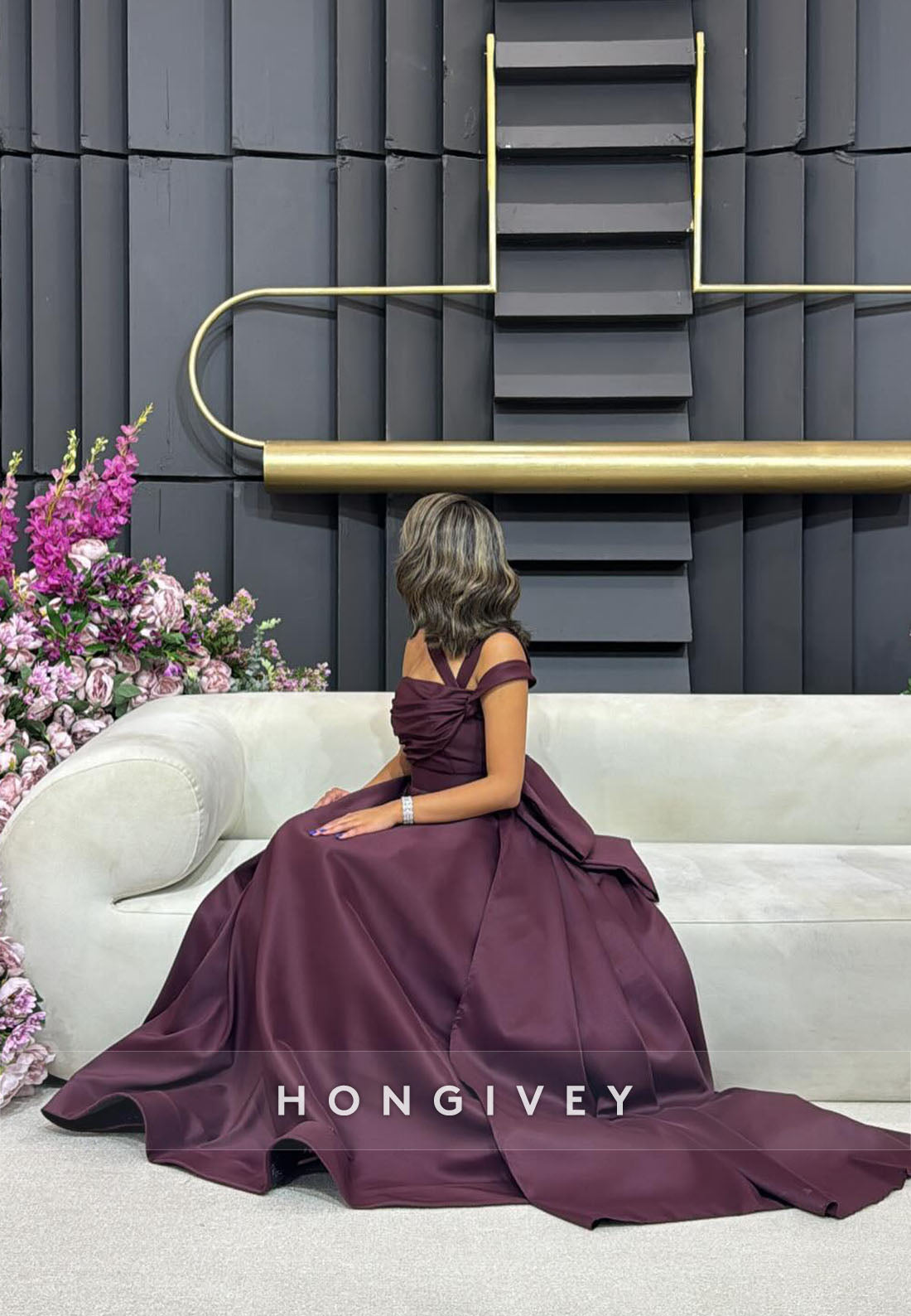 Court Train Asymmetrical Neck Evening Gown Pleated Ladder Back Formal Dresses