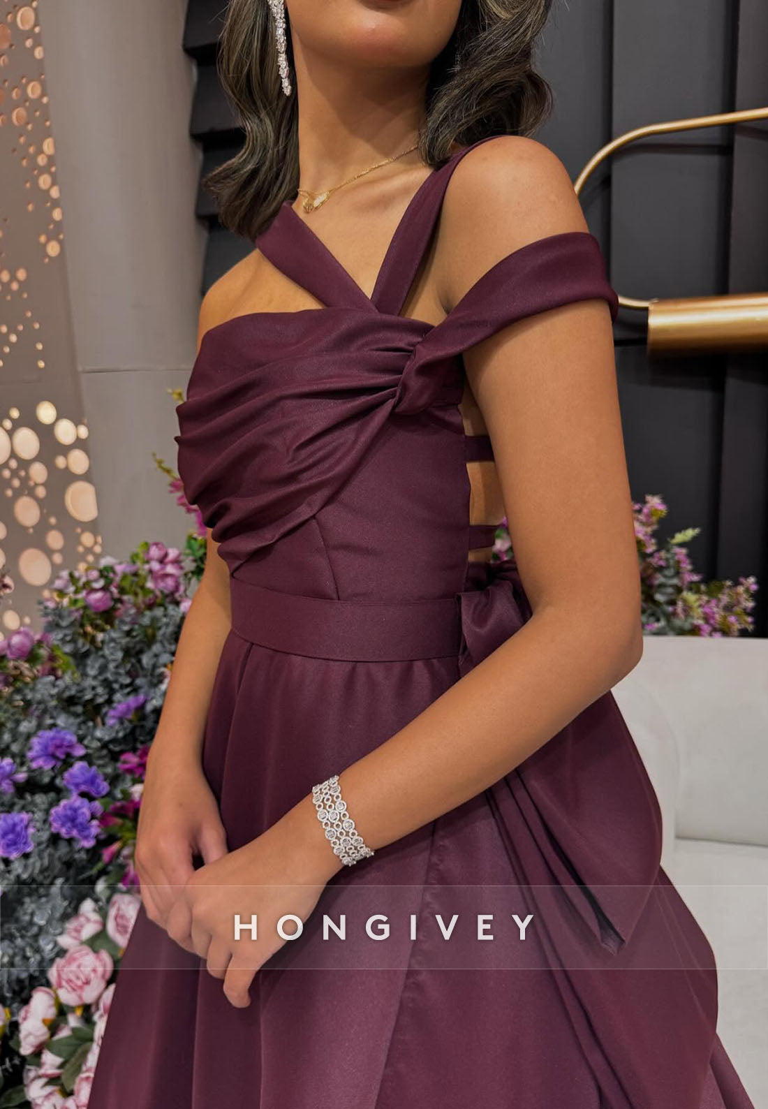 Court Train Asymmetrical Neck Evening Gown Pleated Ladder Back Formal Dresses