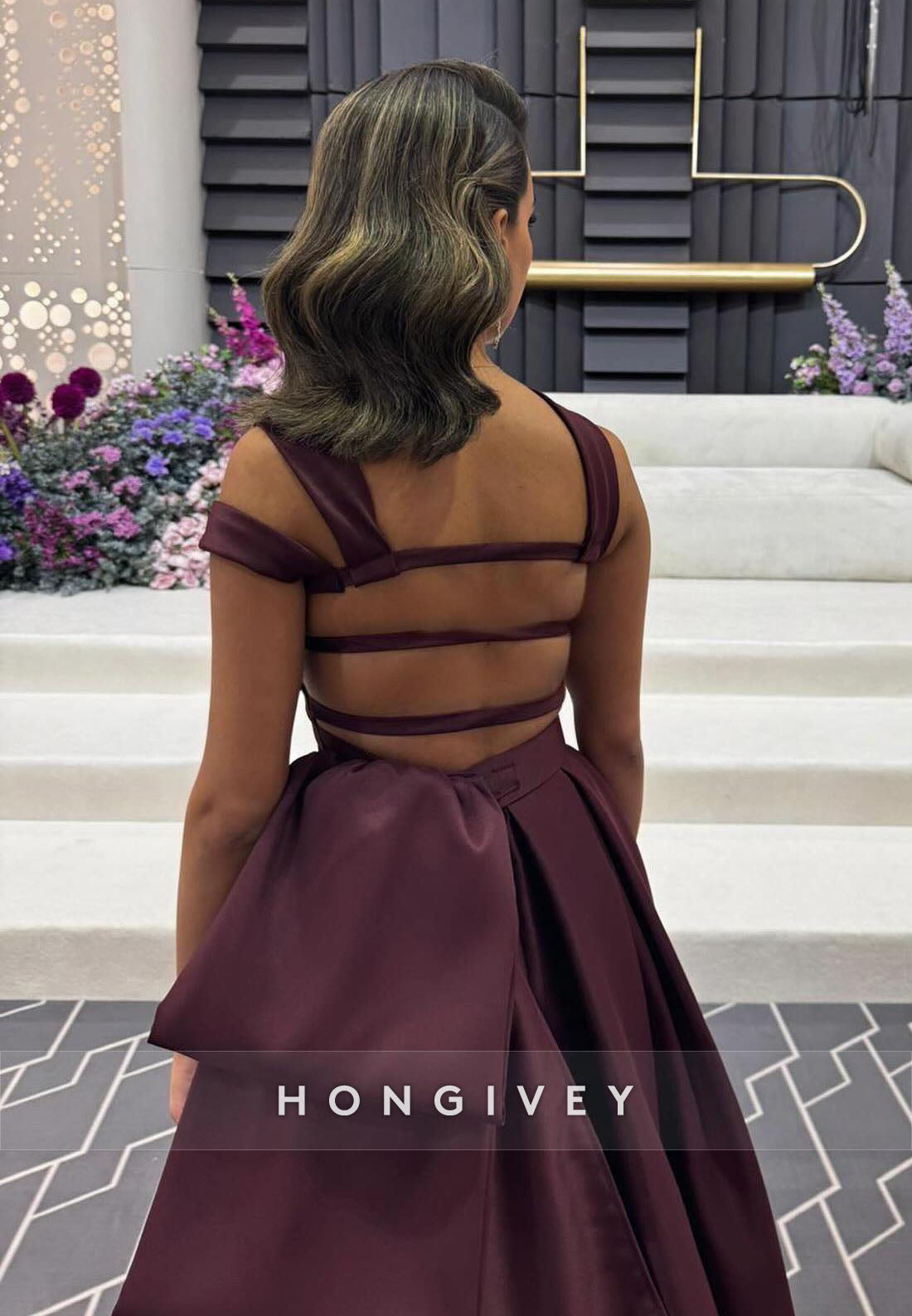 Court Train Asymmetrical Neck Evening Gown Pleated Ladder Back Formal Dresses