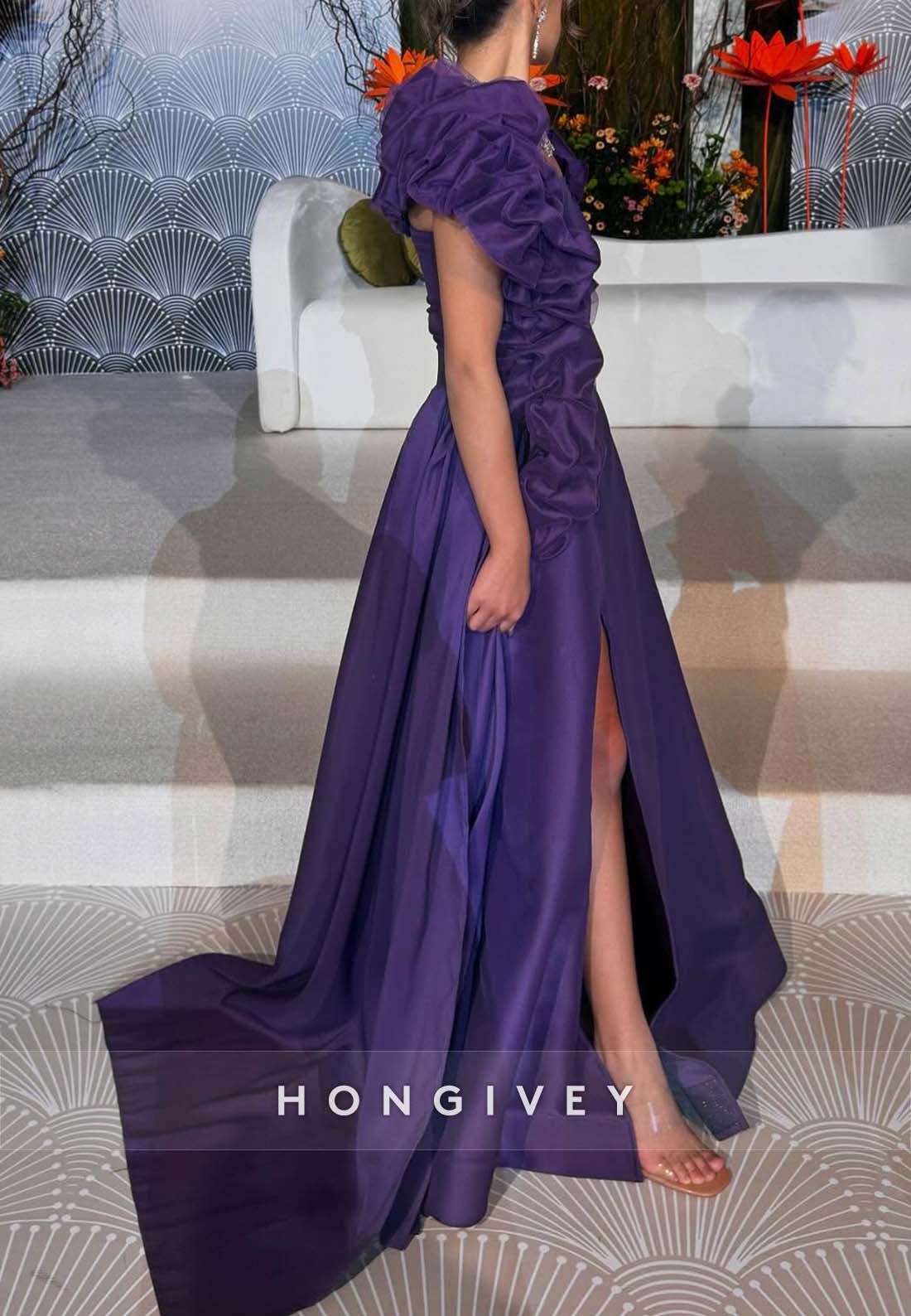 Shawl Side Slit A-line Floor-Length Pleated Side Draping Evening Gown
