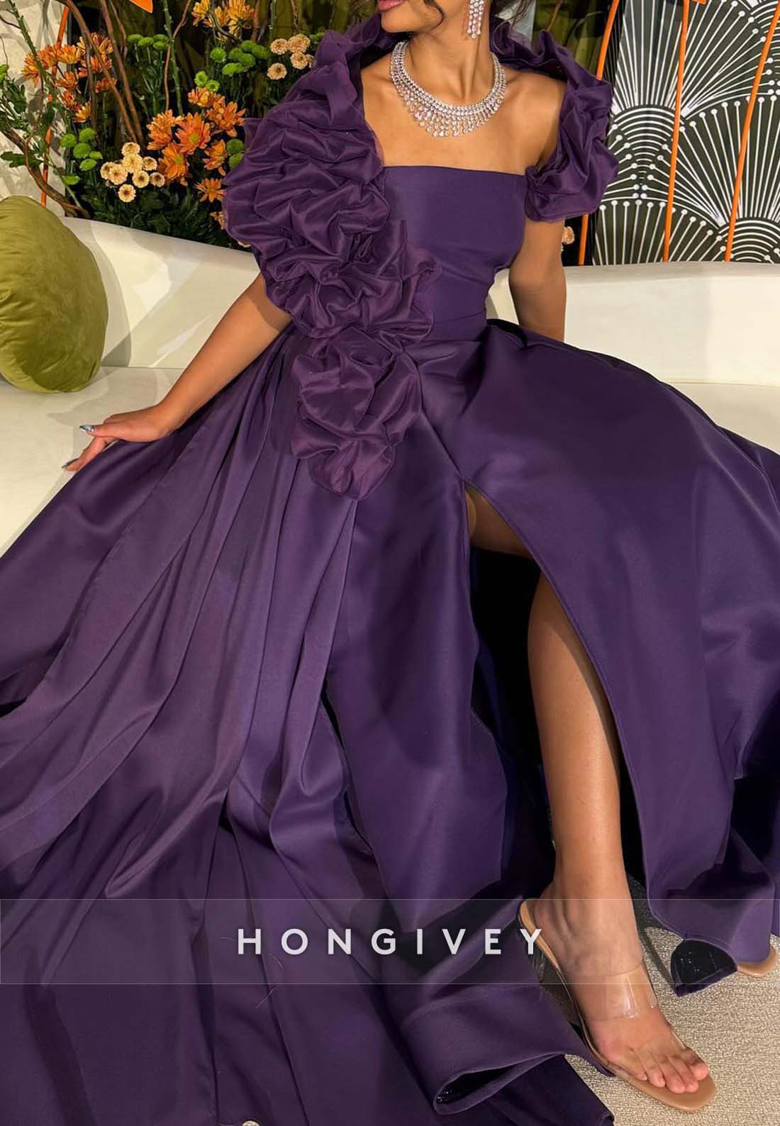 Shawl Side Slit A-line Floor-Length Pleated Side Draping Evening Gown