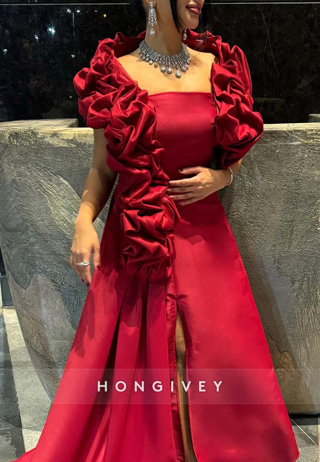 Shawl Side Slit A-line Floor-Length Pleated Side Draping Evening Gown
