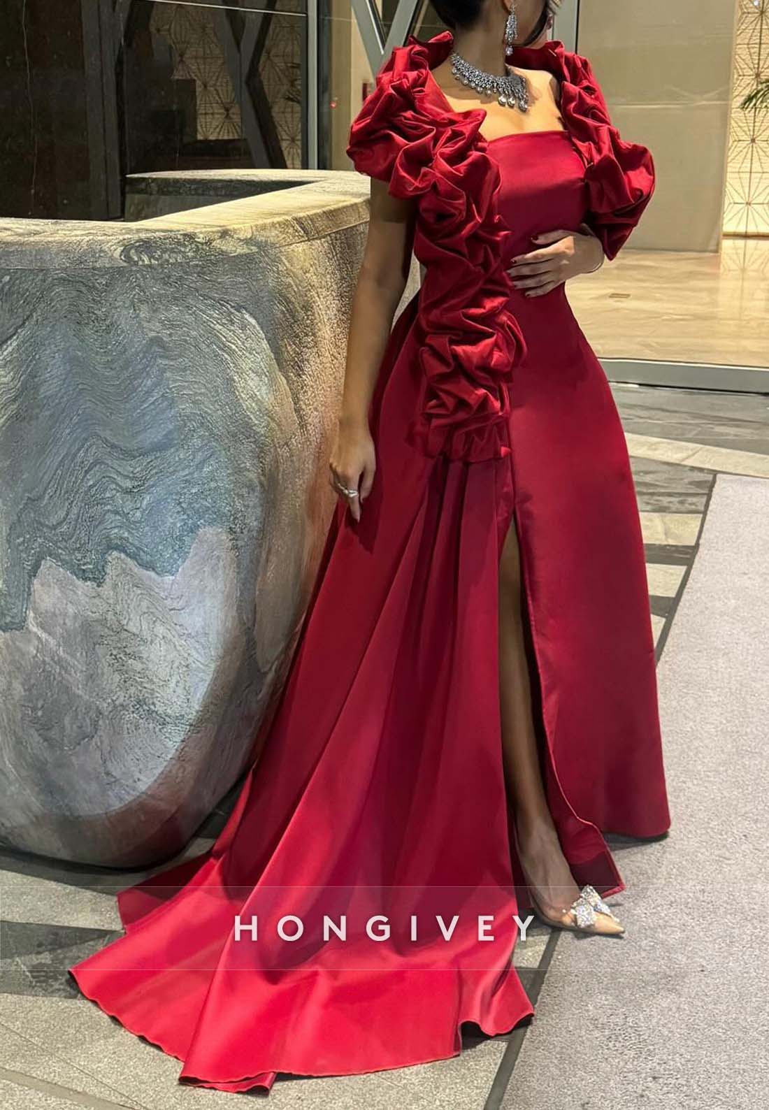 Shawl Side Slit A-line Floor-Length Pleated Side Draping Evening Gown