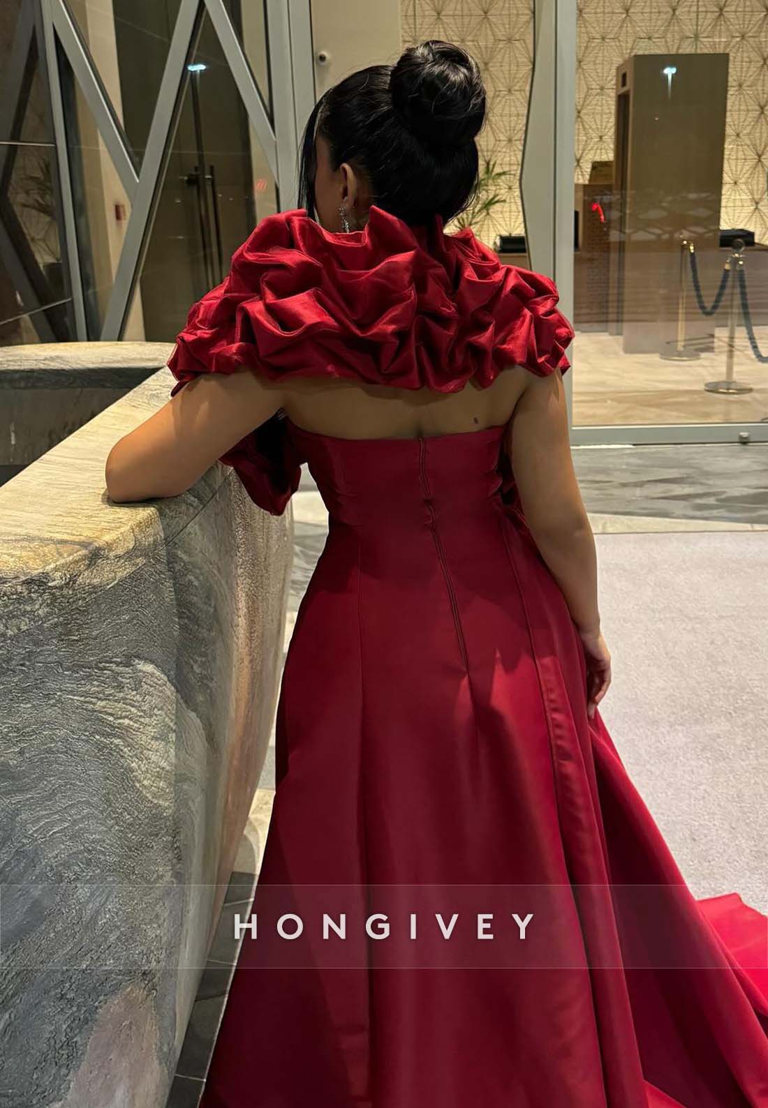 Shawl Side Slit A-line Floor-Length Pleated Side Draping Evening Gown