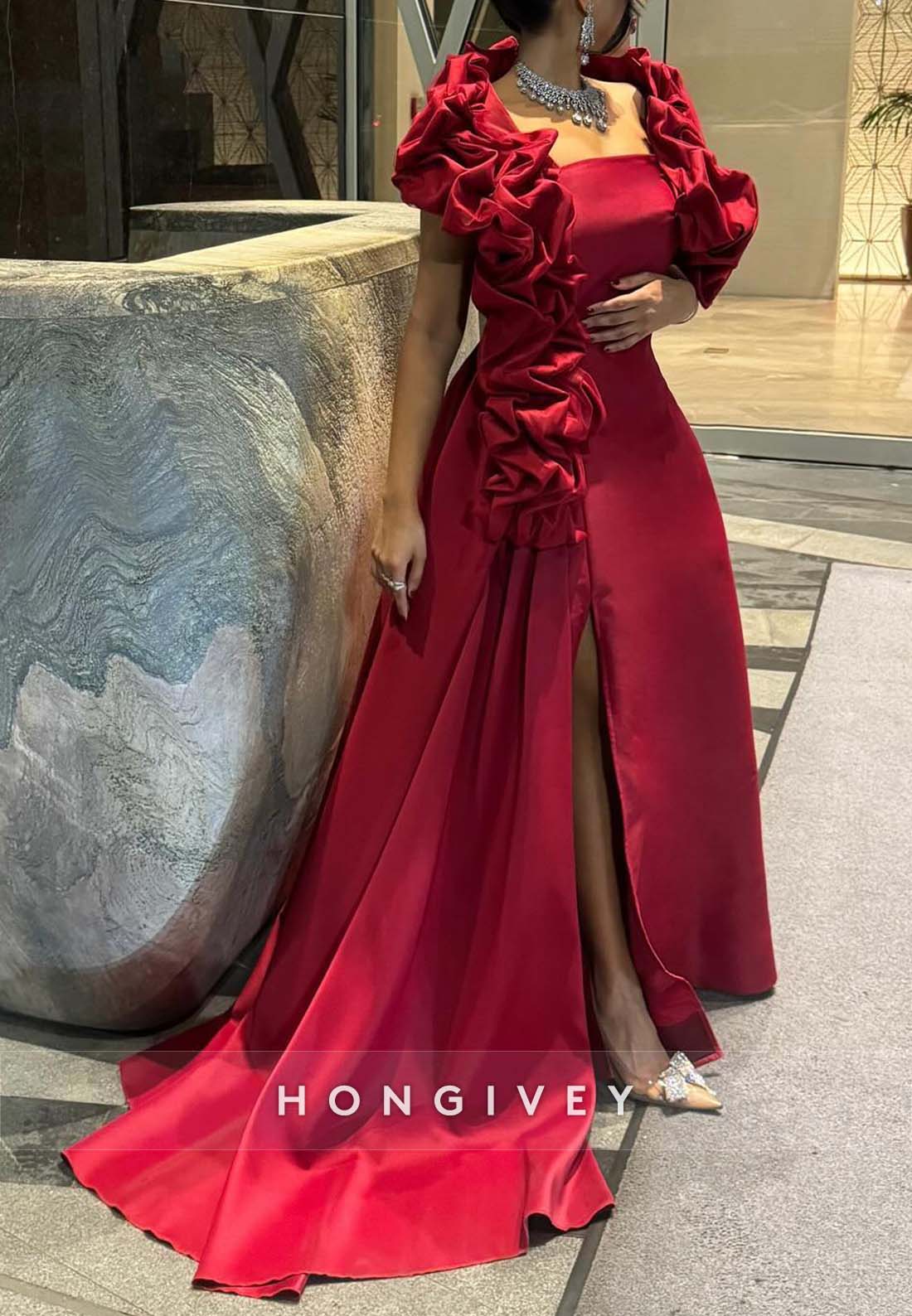 Shawl Side Slit A-line Floor-Length Pleated Side Draping Evening Gown