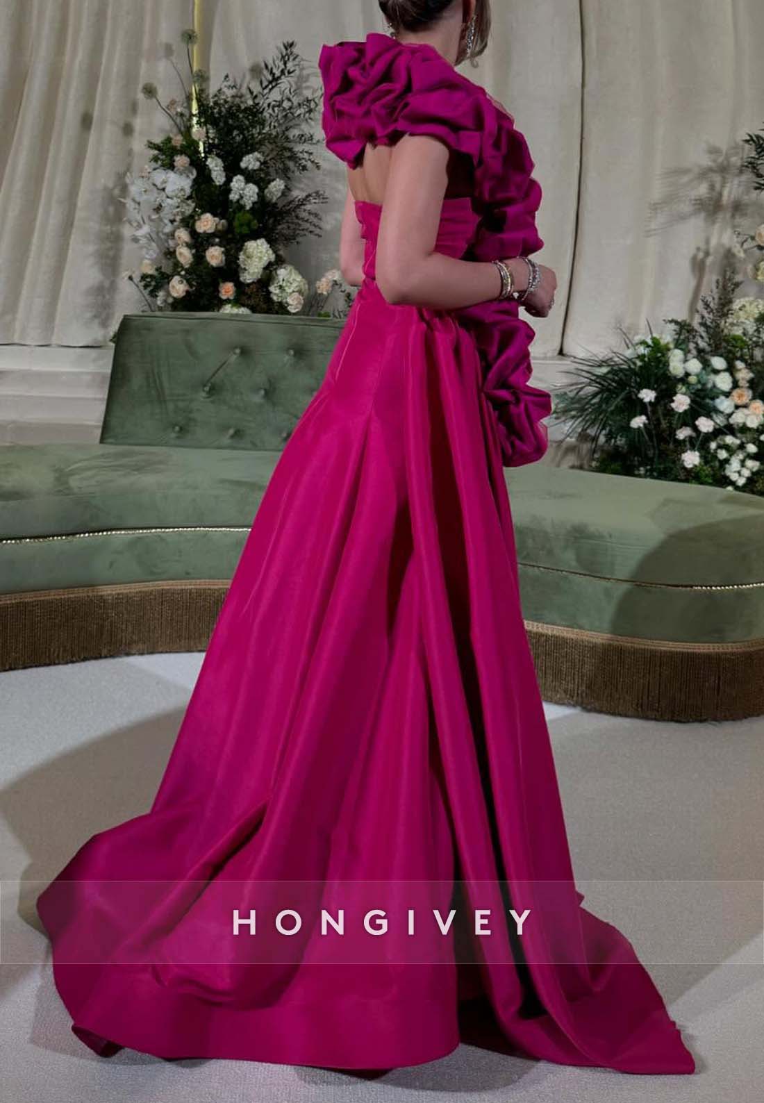 Shawl Side Slit A-line Floor-Length Pleated Side Draping Evening Gown