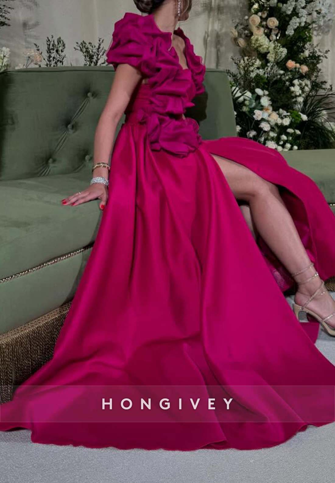 Shawl Side Slit A-line Floor-Length Pleated Side Draping Evening Gown