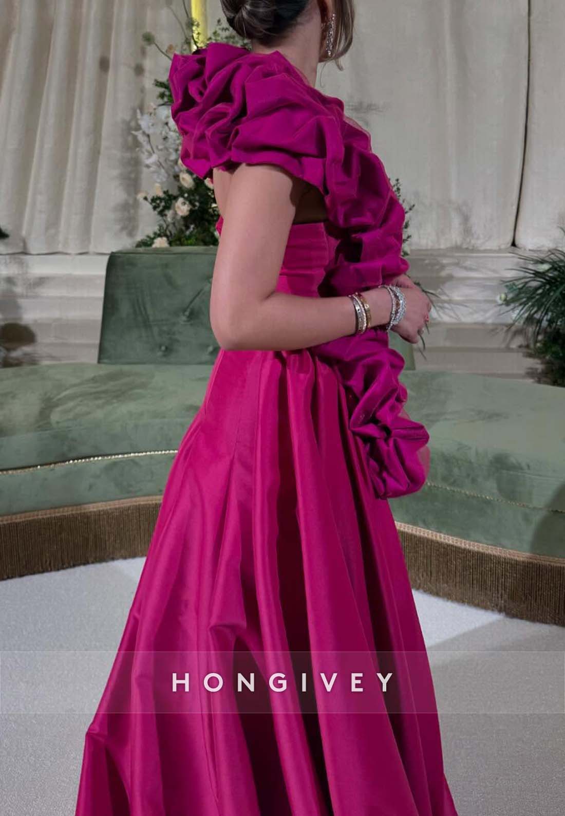 Shawl Side Slit A-line Floor-Length Pleated Side Draping Evening Gown