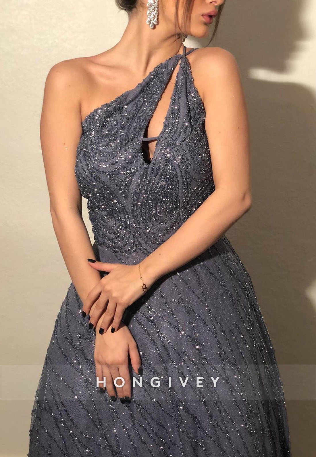 Asymmetrical Neck Metallic Yarn Crisscross Back Sparkling Evening Gown