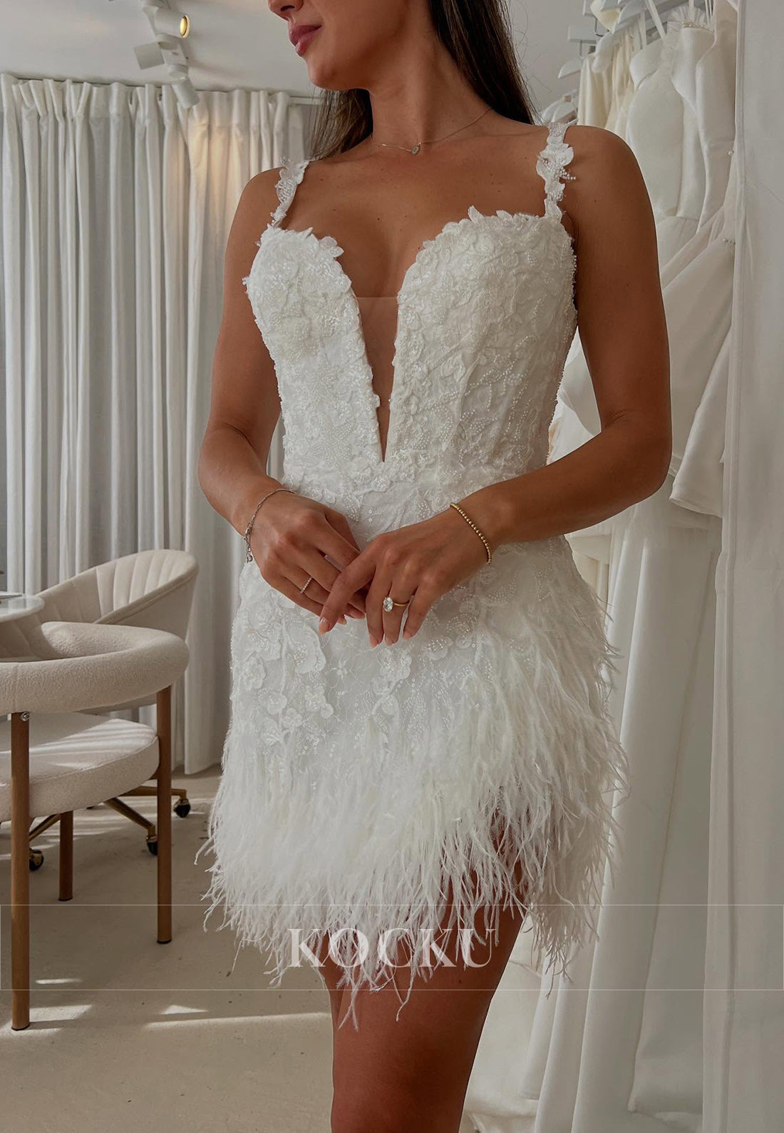 Spaghetti Strap Plunge V - Neck Feather Hem Lace Short Wedding Dress