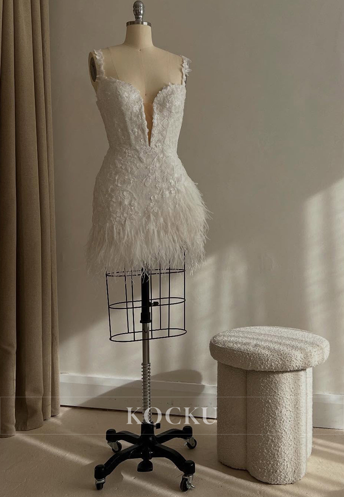 Spaghetti Strap Plunge V - Neck Feather Hem Lace Short Wedding Dress