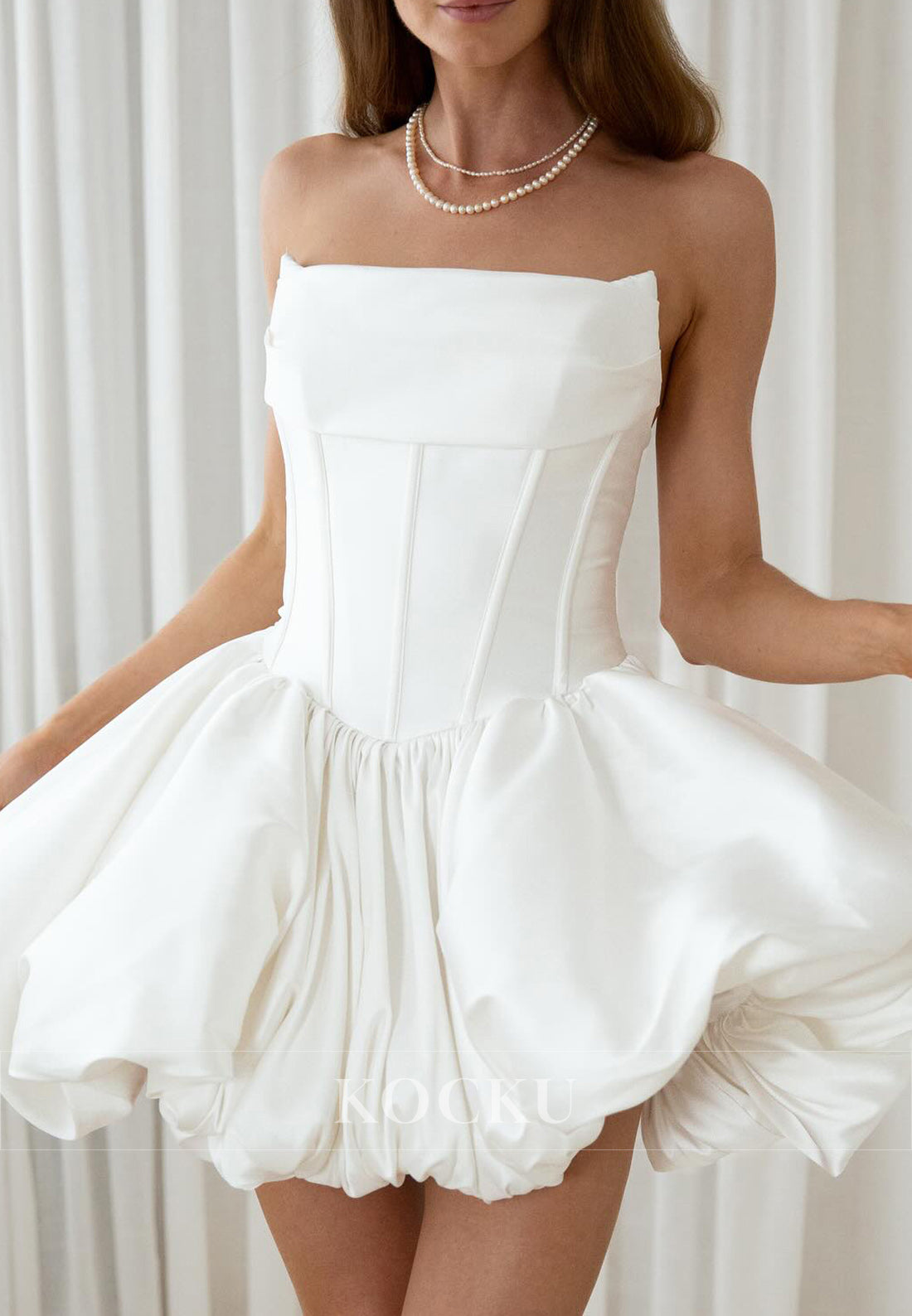 Strapless White Bridal Party Dress with Corset Back & Bubble Skirt