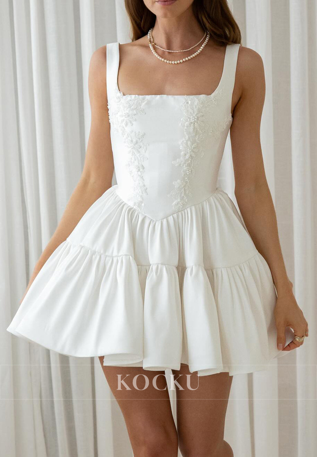 Square Neck Bridal Party Dress with Embroidered Bodice & Tiered Puff Skirt
