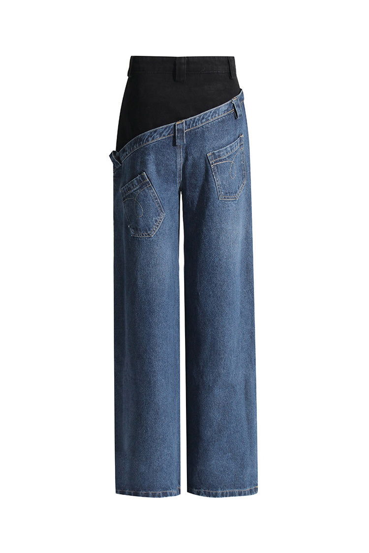 Asymmetric Bicolor Double Waist High Rise Full Length Wide Leg Hybrid Jeans - Fashionpara