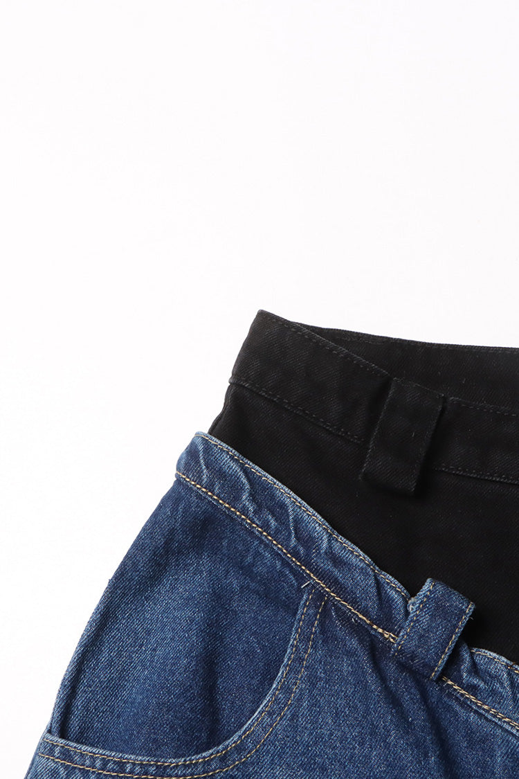 Asymmetric Bicolor Double Waist High Rise Full Length Wide Leg Hybrid Jeans - Fashionpara
