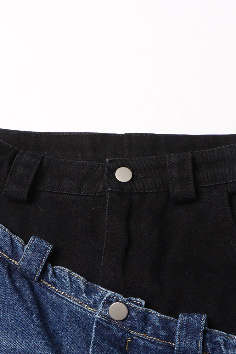 Asymmetric Bicolor Double Waist High Rise Full Length Wide Leg Hybrid Jeans - Fashionpara