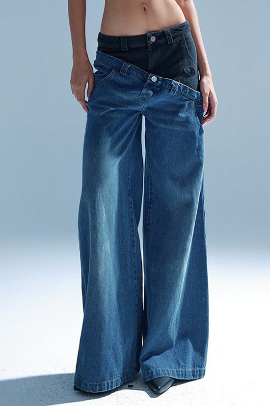 Asymmetric Bicolor Double Waist High Rise Full Length Wide Leg Hybrid Jeans - Fashionpara