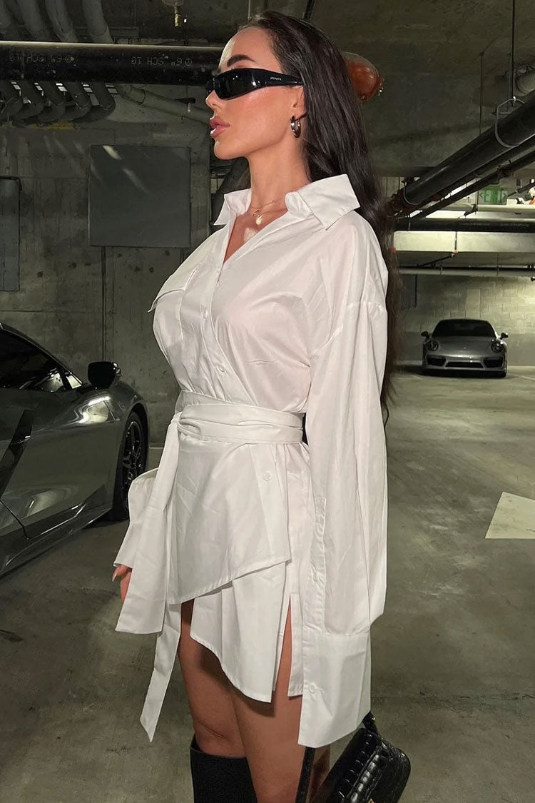 Asymmetric Button Up Long Sleeve Belted Shirt Mini Dress - White Fashionpara