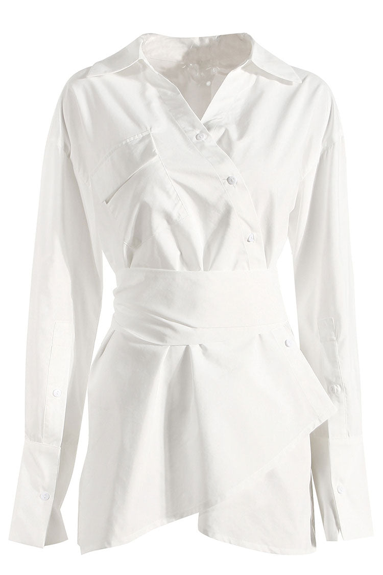 Asymmetric Button Up Long Sleeve Belted Shirt Mini Dress - White Fashionpara