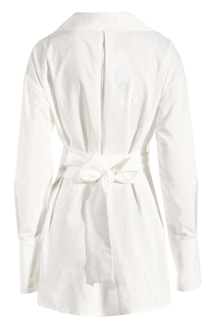 Asymmetric Button Up Long Sleeve Belted Shirt Mini Dress - White Fashionpara