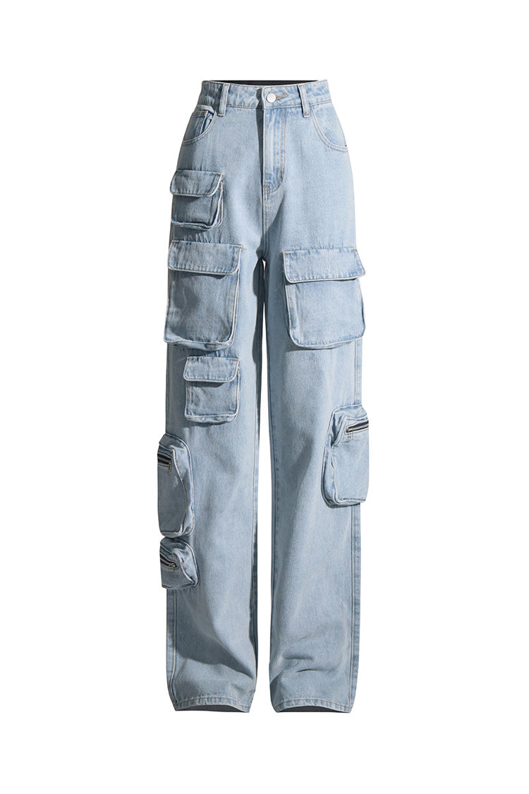 Asymmetric Cargo Pocket Distressed High Waist Straight Leg Faded Jeans - Fashionpara