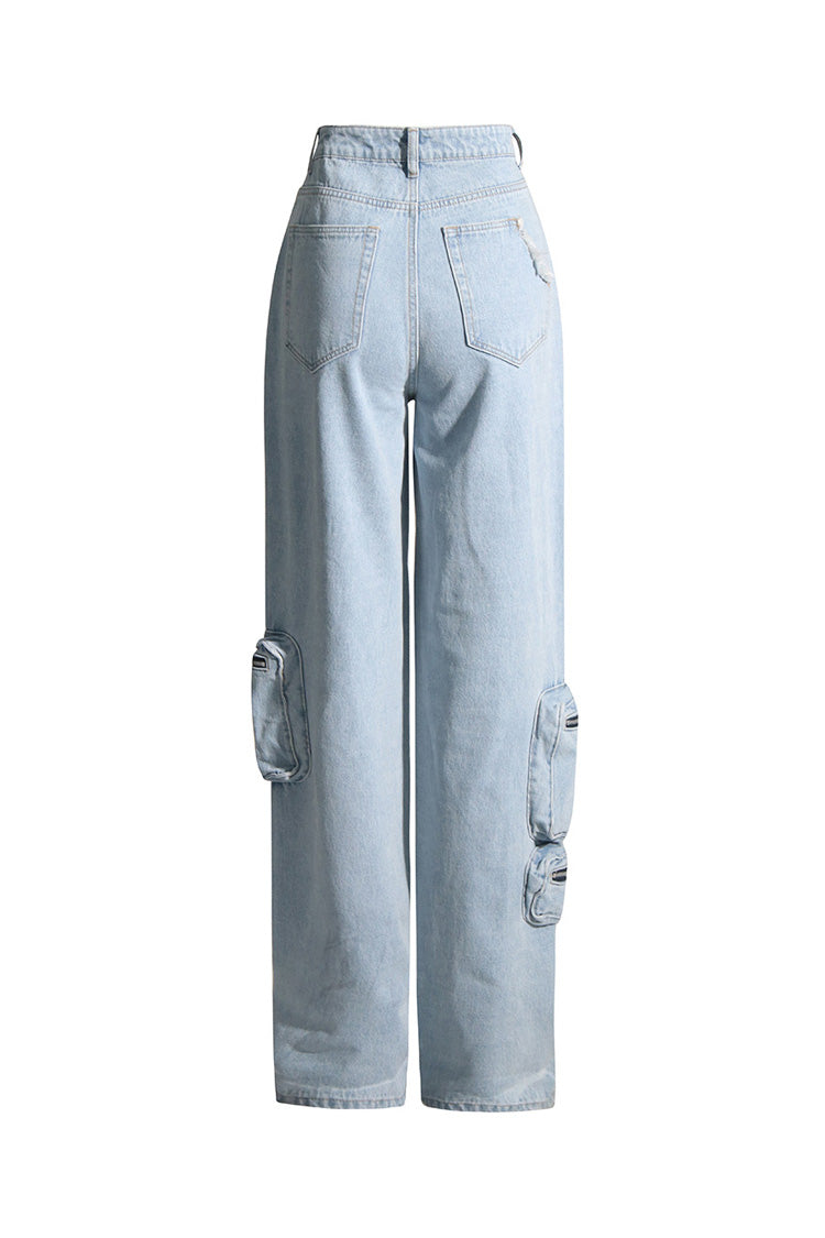 Asymmetric Cargo Pocket Distressed High Waist Straight Leg Faded Jeans - Fashionpara