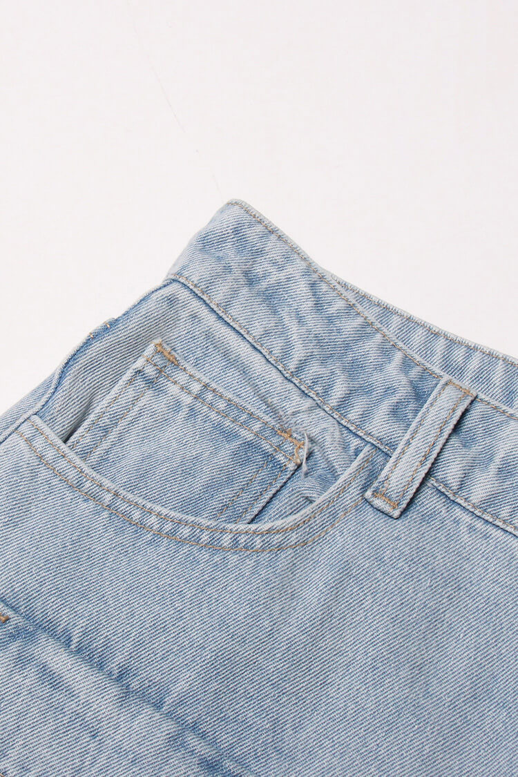 Asymmetric Cargo Pocket Distressed High Waist Straight Leg Faded Jeans - Fashionpara