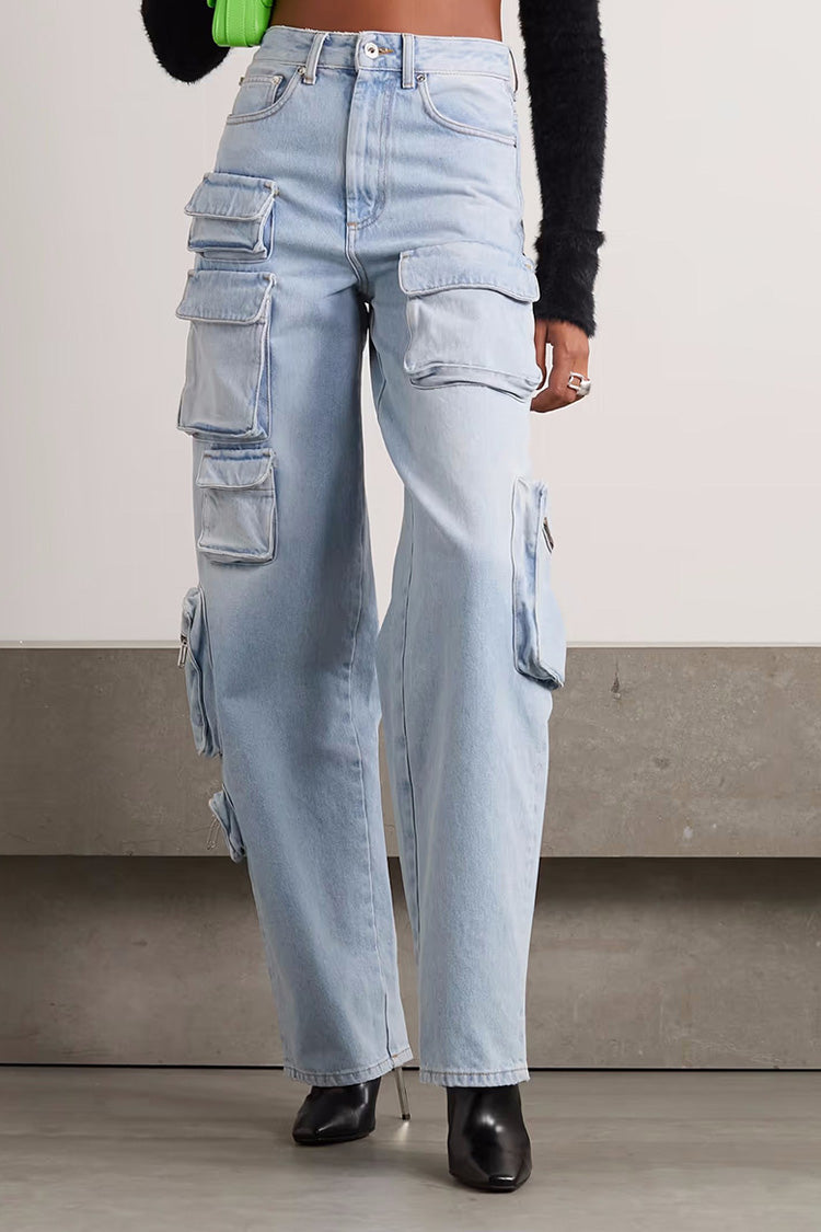 Asymmetric Cargo Pocket Distressed High Waist Straight Leg Faded Jeans - Fashionpara